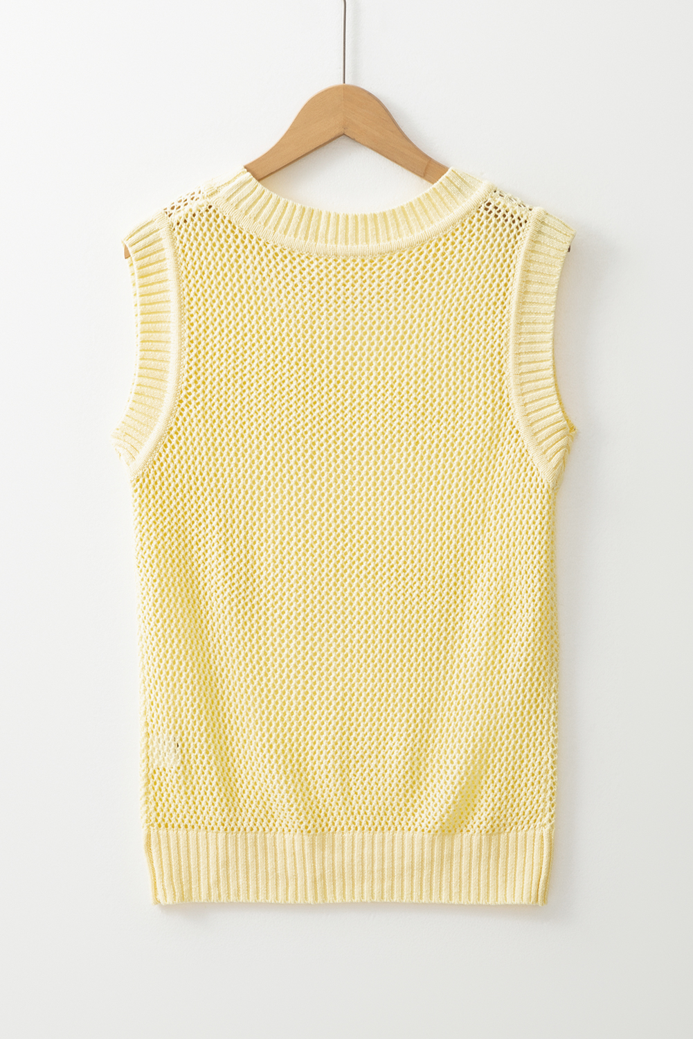 Yellow Solid Color Hollowed Knit Round Neck Sweater Vest - Image 6