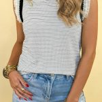 Black Stripe Contrasted Ruffle Trim Casual Tank Top