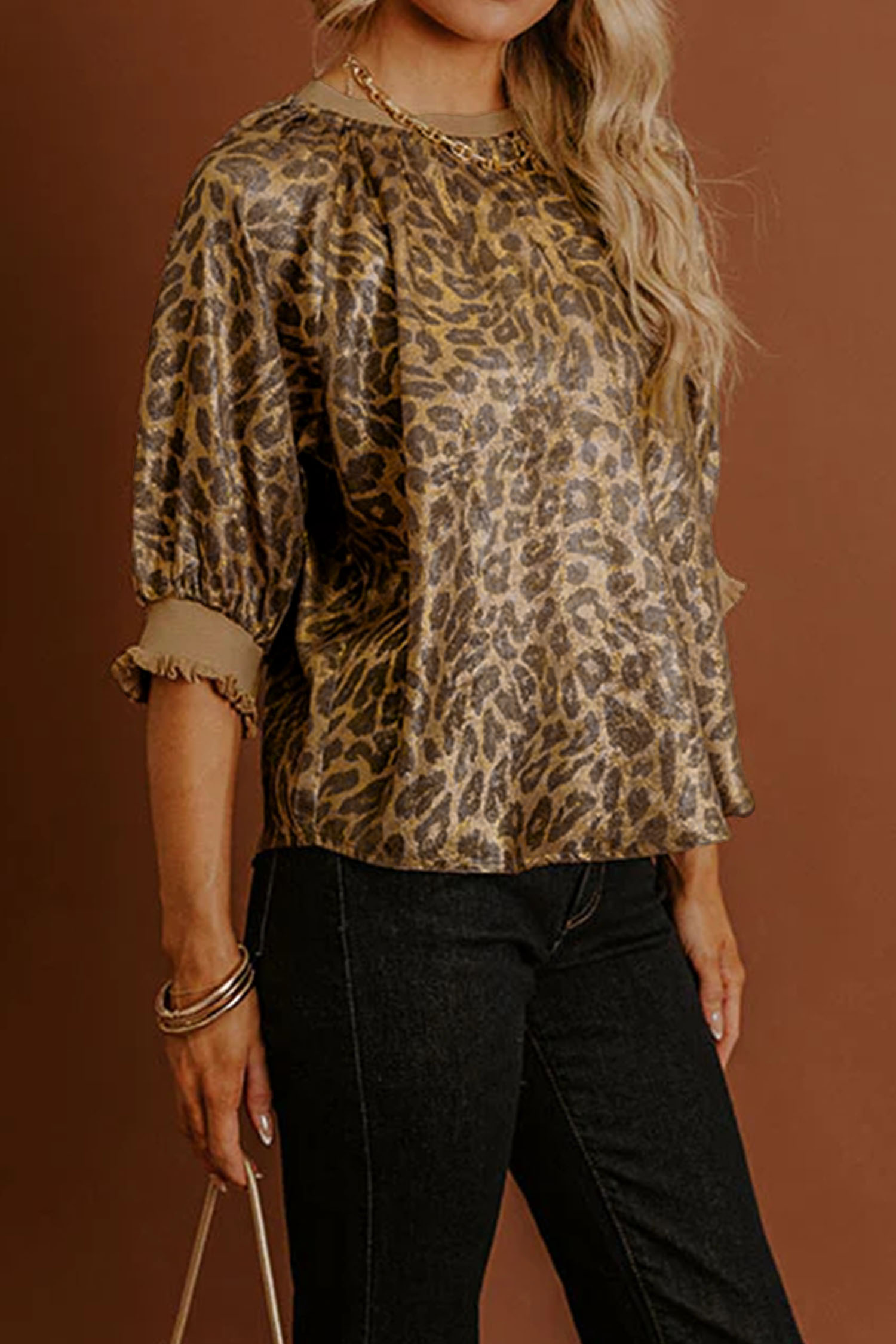 Gold Half Sleeve Metallic Leopard Print Blouse - Image 5