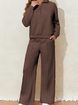 Dark Brown Solid Collared Sweatshirt and High Waist Pants Active Set