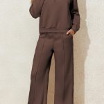 Dark Brown Solid Collared Sweatshirt and High Waist Pants Active Set