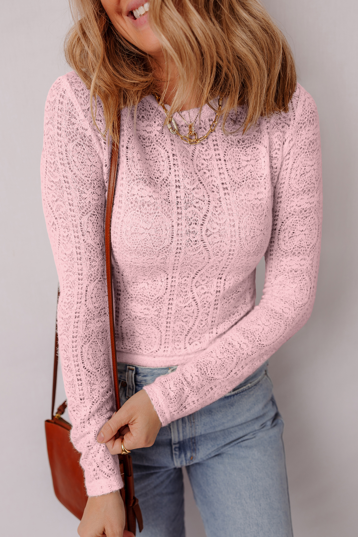 Light Pink Semi Sheer Lace Long Sleeve Cropped Top - Image 3