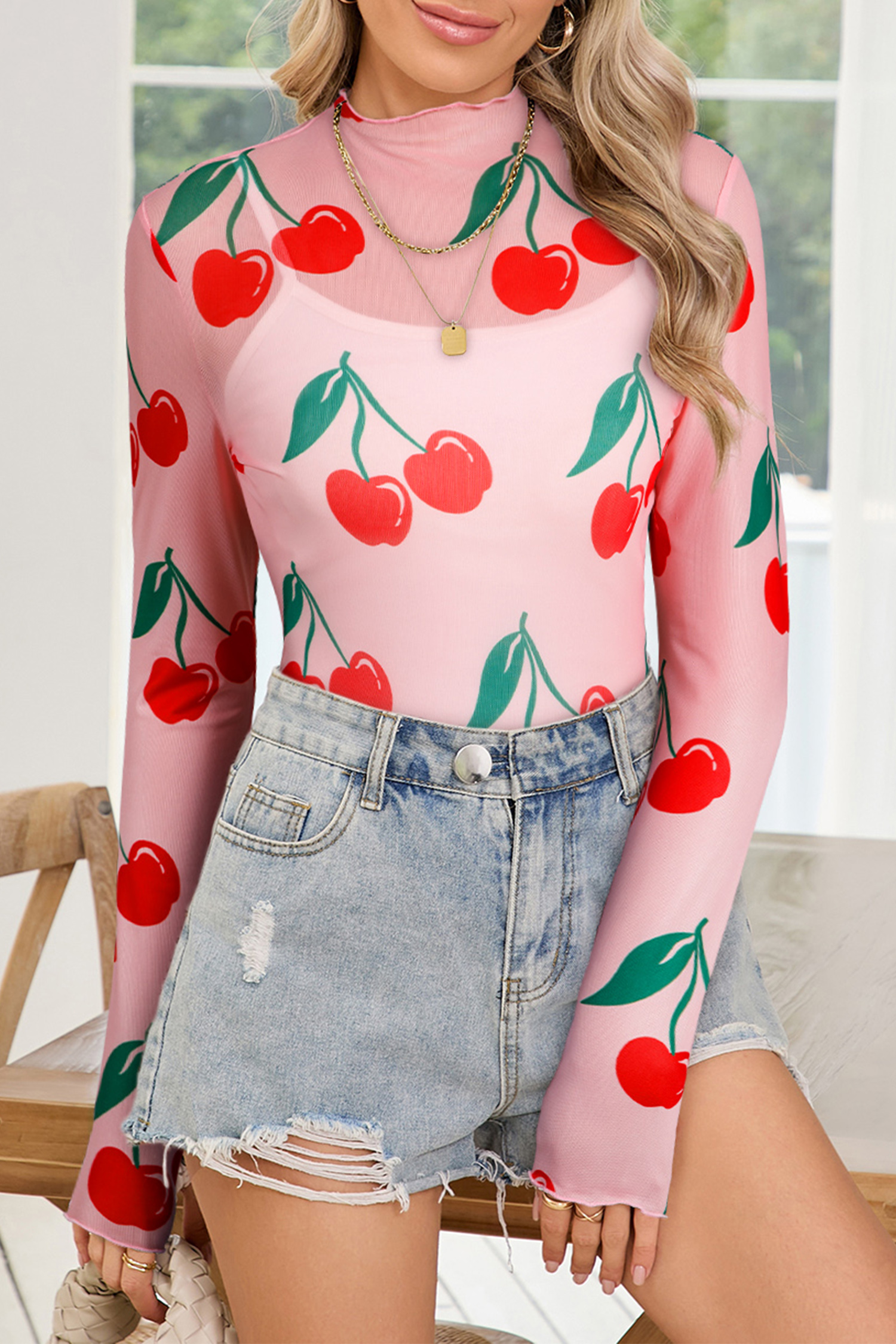 Pink Cherry Print Lettuce Trim Long Sleeve Mesh Top - Image 8