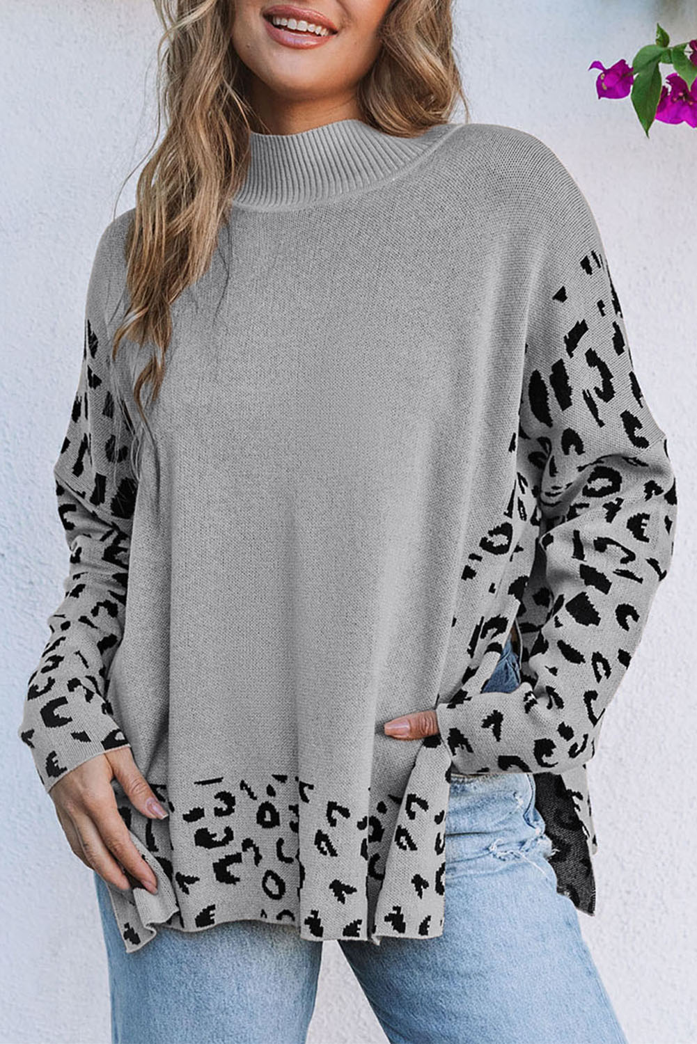 Gray Leopard High Neck Side Slit Oversized Sweater - Image 5