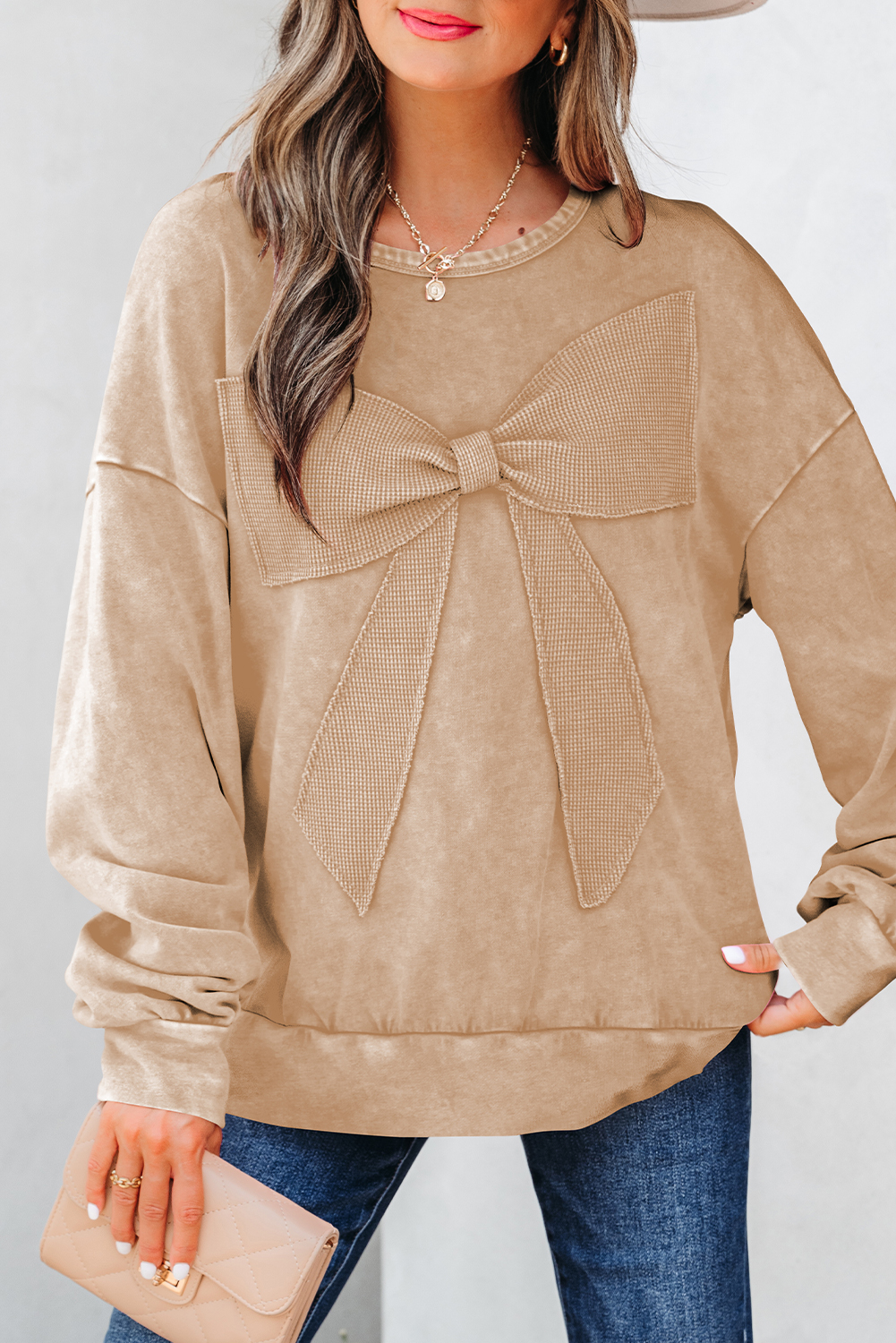 Light French Beige Mineral Wash Big Bow Patchwork Pullover Sweatshirt - Image 5