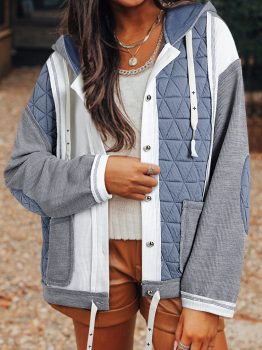 Light Blue Quilted Textured Patchwork Loose Fit Hooded Jacket