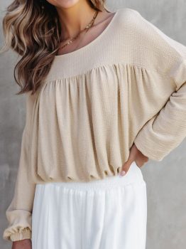 Jet Stream Textured Pleated Drop Shoulder Long Sleeve Knit Top