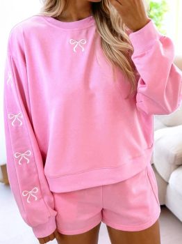 Sachet Pink Girly Bow Embroidered Detail Puff Sleeve Pullover 2pcs Short Set