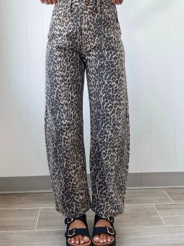 Black Leopard Print High Waist Barrel Jeans
