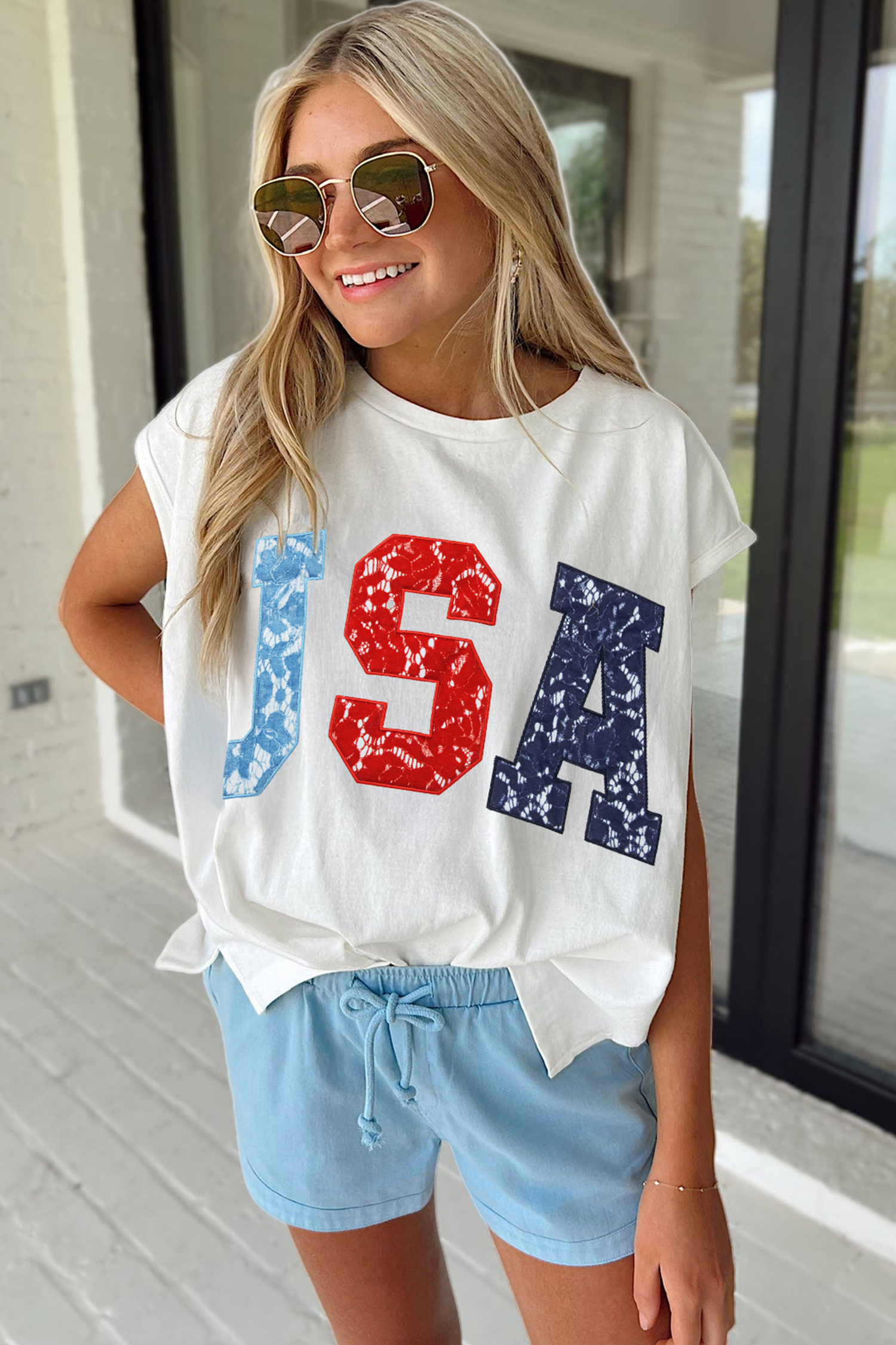 White USA Color Block Letter Printed Dolman Tee - Image 3