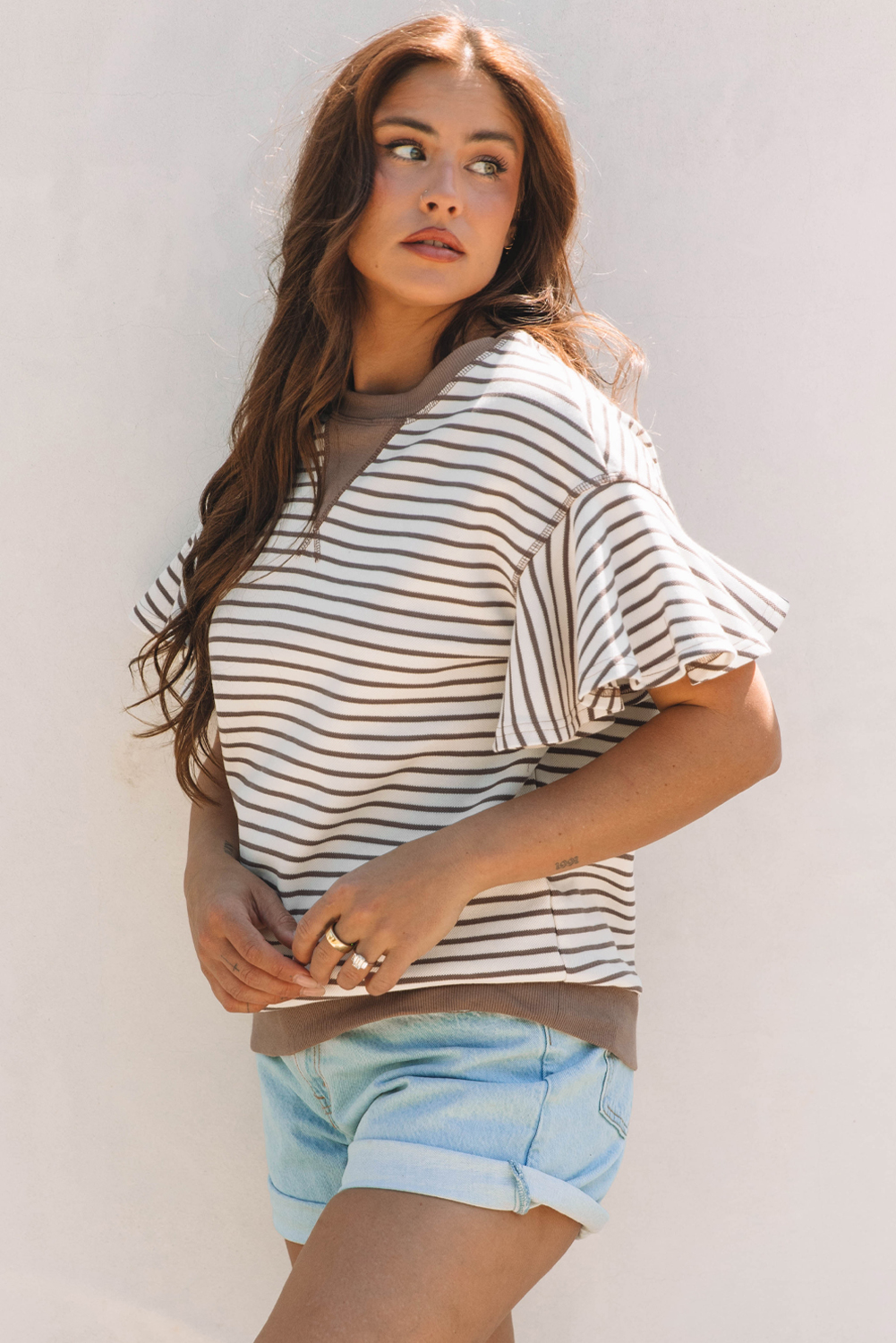 Parchment Contrast Detail Striped Ruffle Short Sleeve Top - Image 3