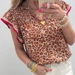Apricot Contrast Trim Ruffled Short Sleeve Leopard Blouse