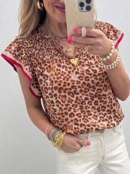 Apricot Contrast Trim Ruffled Short Sleeve Leopard Blouse