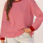 Pink Stripe Textured Round Neck Drop Shoulder Long Sleeve T Shirt