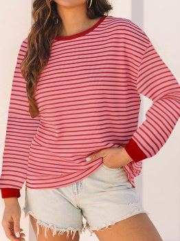 Pink Stripe Textured Round Neck Drop Shoulder Long Sleeve T Shirt