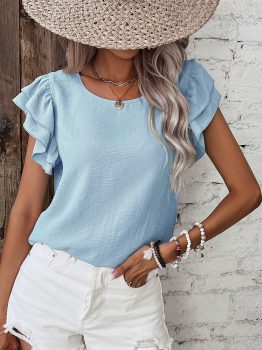 Mist Blue Solid Color Ruffled Short Sleeve Casual Blouse
