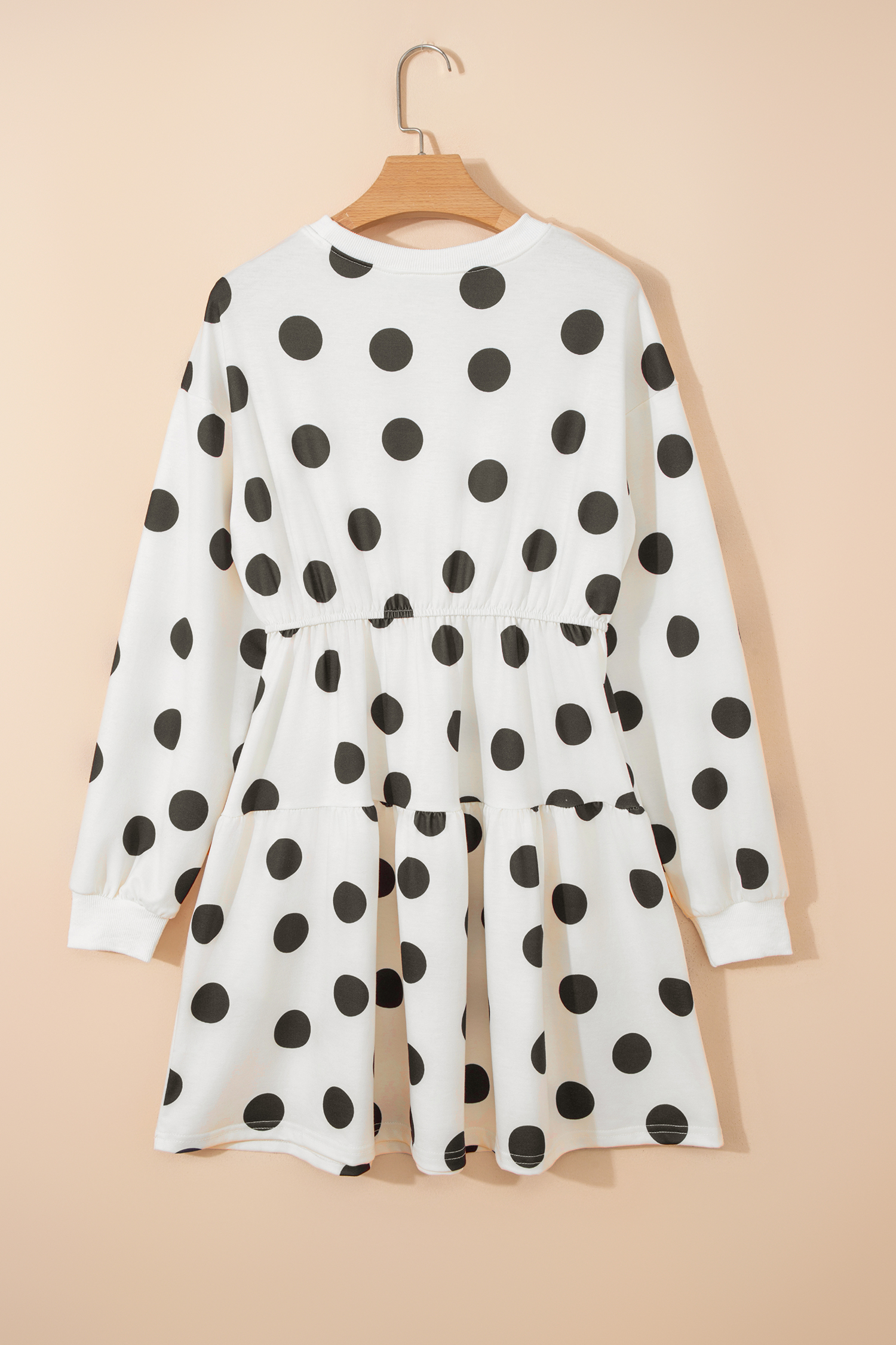 White Polka Dot Printed Long Sleeve Flared Mini Dress - Image 4