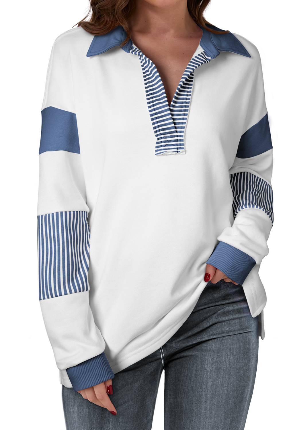 Dark Blue Striped Colorblock Patchwork Collar Sweatshirt - Image 3