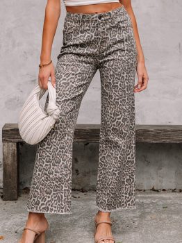 Brown Leopard Frayed Edge Wide Leg High Waist Jeans