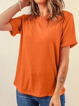Orange Casual Plain Crew Neck Tee