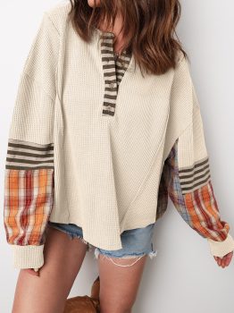 Beige Waffle Stripe Plaid Patchwork Henley Knit Top