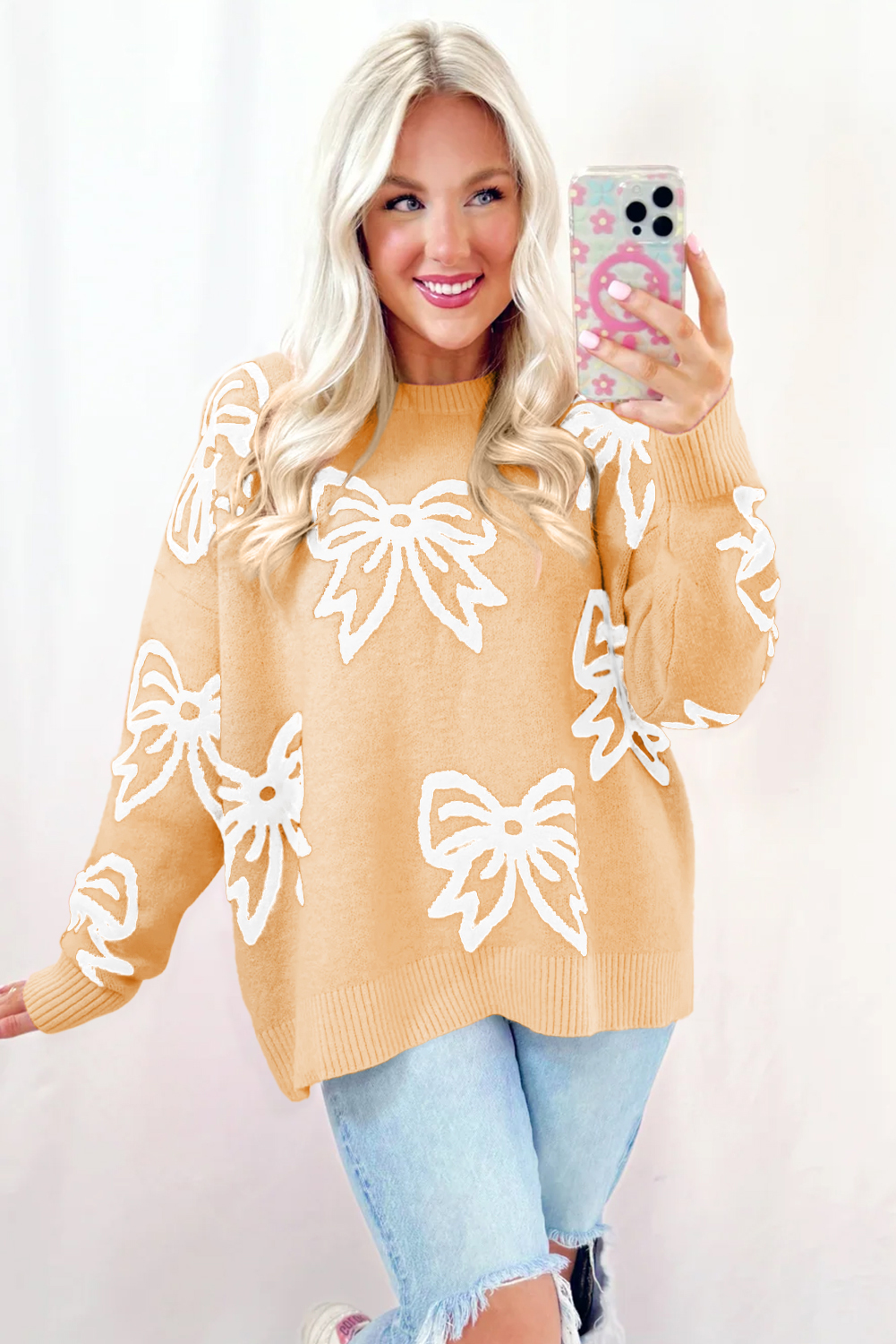 Golden Fleece Bow Pattern Drop Shoulder Loose Sweater - Image 3