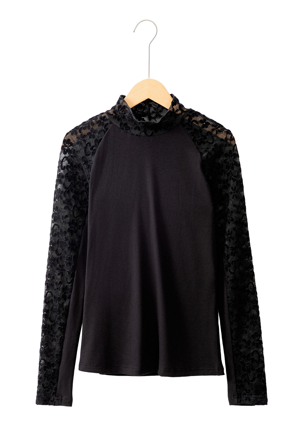 Black Floral Lace Patchwork Long Sleeve High Neck Slim Top - Image 6