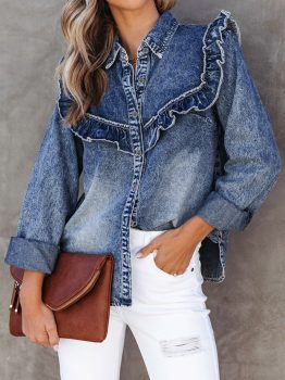 Dusk Blue Vintage Wash Denim Ruffle Detail Button Down Shirt