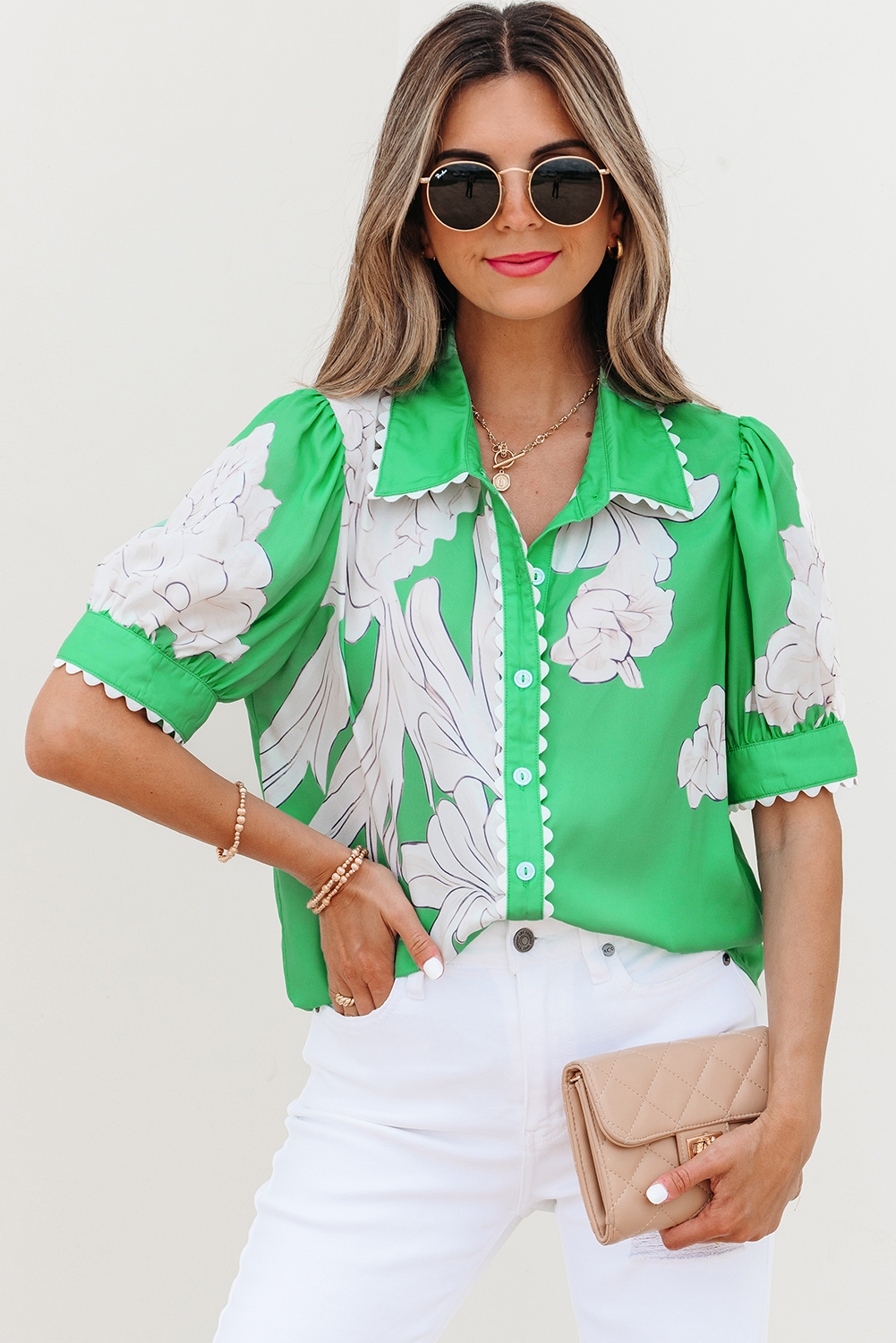 Green Floral Ric Rac Edge Puff Sleeve Button Up Summer Shirt - Image 4