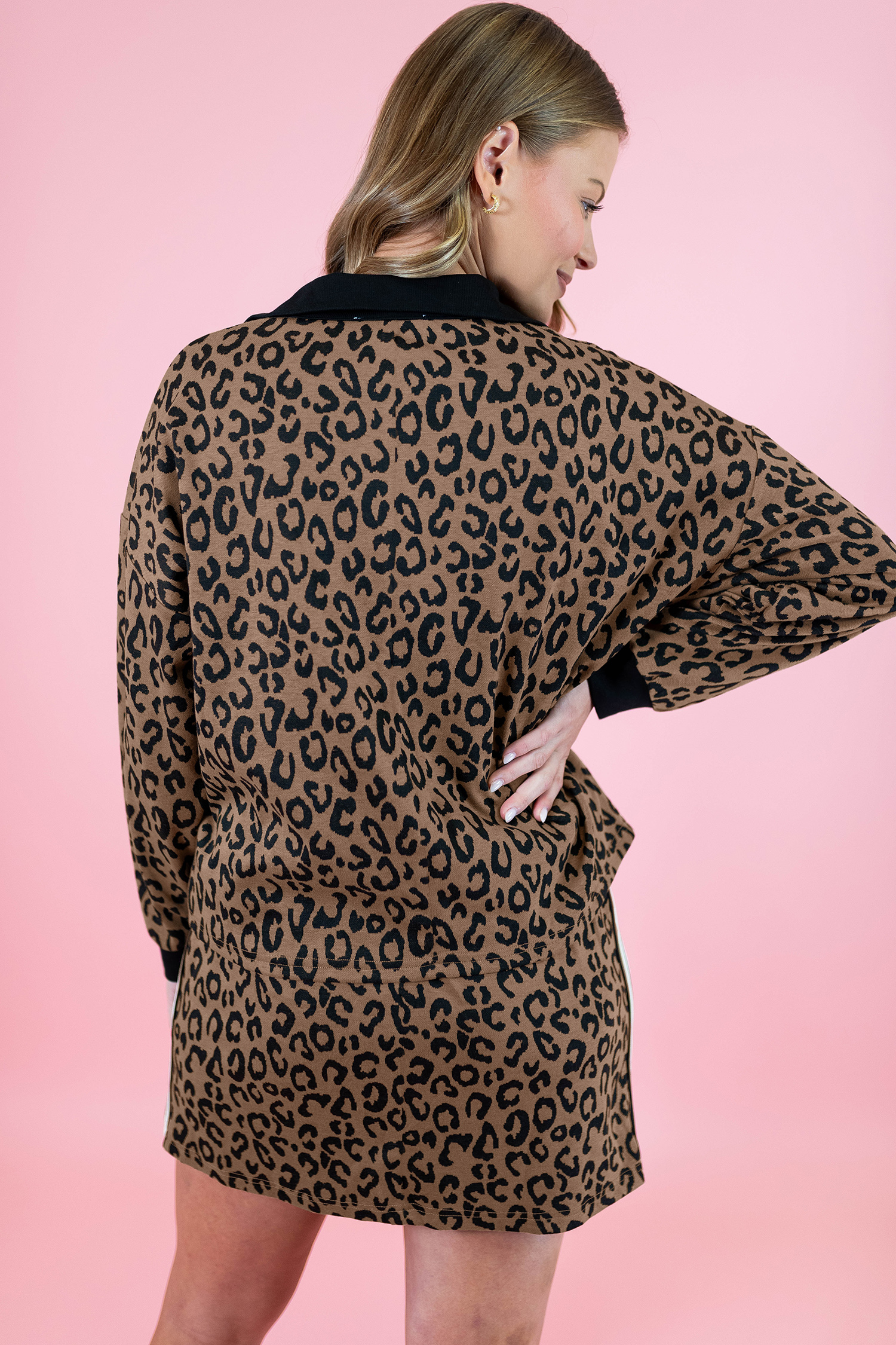 Khaki Leopard Print Quarter Zip Long Sleeve Top Mini Skirt Set - Image 2