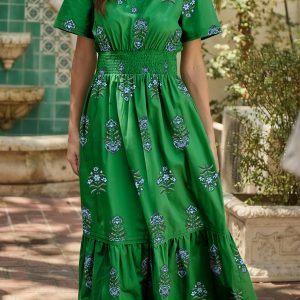 Green Floral Print Split Neck Shirred High Waist Ruffle Hem Maxi Dress