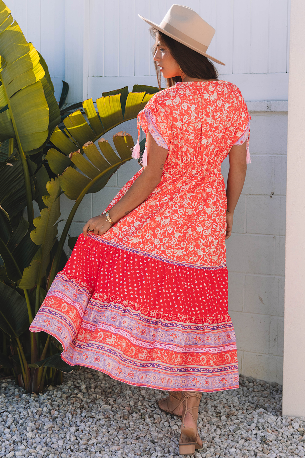 Red Floral Print Tasseled Tied Sleeve Empire Waist Maxi Dress - Image 2