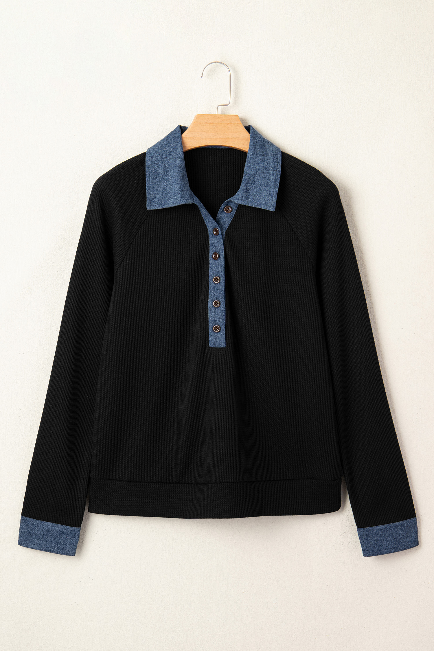 Black Textured Knit Denim Patchwork Button Polo Collar Long Sleeve Top - Image 2