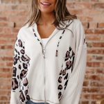 Apricot Oversized Leopard Contrast Mixed Texture Patchwork Zip Up Drop Shoulder Hoodie