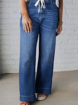 Dark Blue Acid Wash Contrast Lace-up Plus Size Jeans