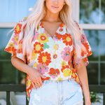 Orange Abstract Print V Neck Half Sleeve Blouse