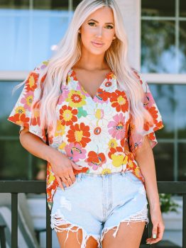 Orange Abstract Print V Neck Half Sleeve Blouse