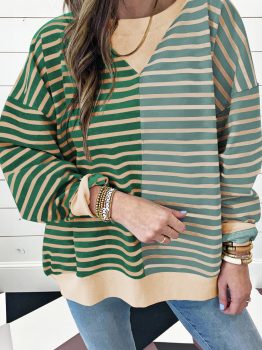 Green Stripe Colorblock Drop Shoulder Oversize Sweatshirt