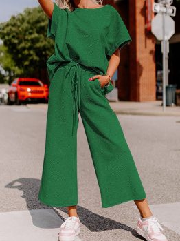 Dark Green Textured Loose Fit T Shirt and Drawstring Pants Set