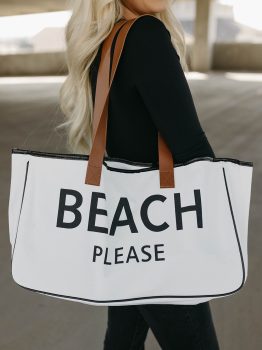 White BEACH PLEASE Print Large Canvas Tote Bag