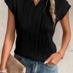 Black Wavy Textured Button V Neck Tee