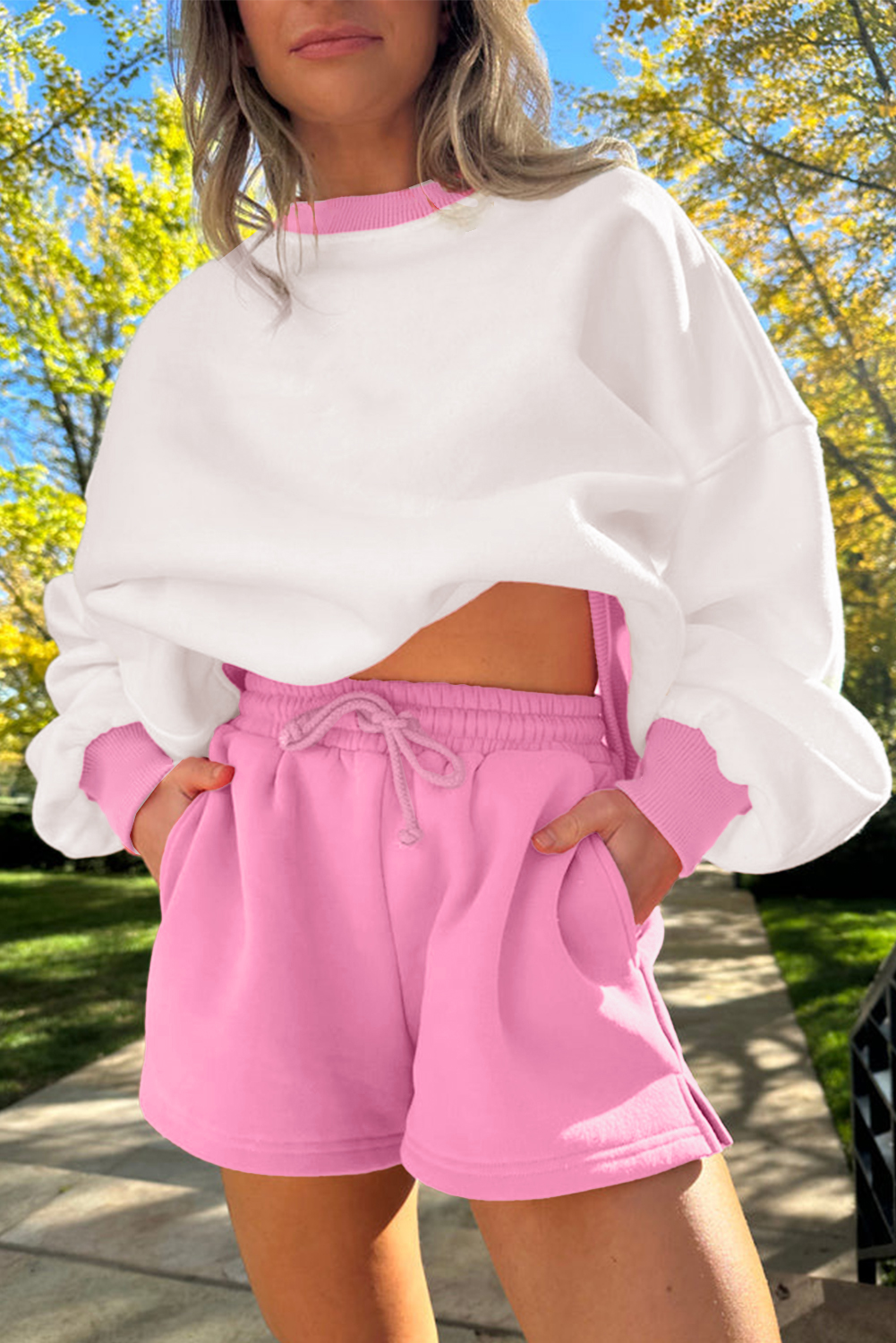 Strawberry Pink Color Block Pullover and Lace-up Elastic Waist Shorts Set - Image 8
