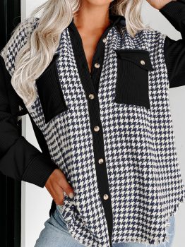 Black Houndstooth Corduroy Patchwork Flap Pocket Shacket