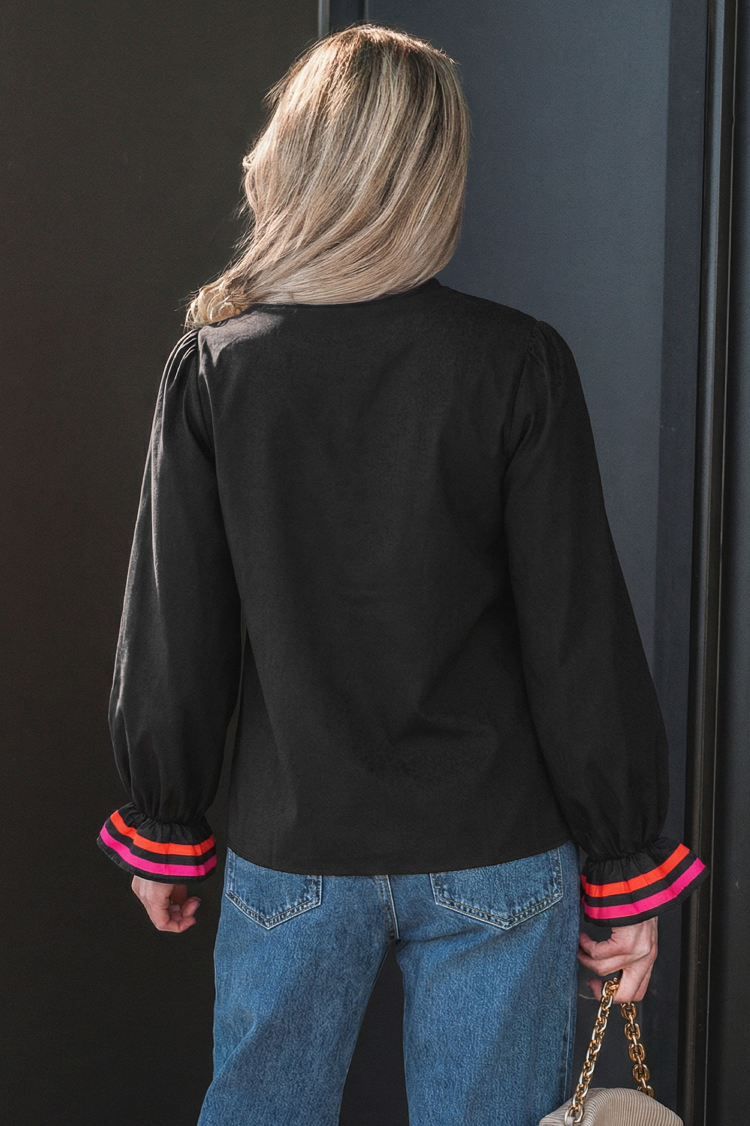 Black Striped Trim Ruffle Split Neck Long Sleeve Blouse - Image 2