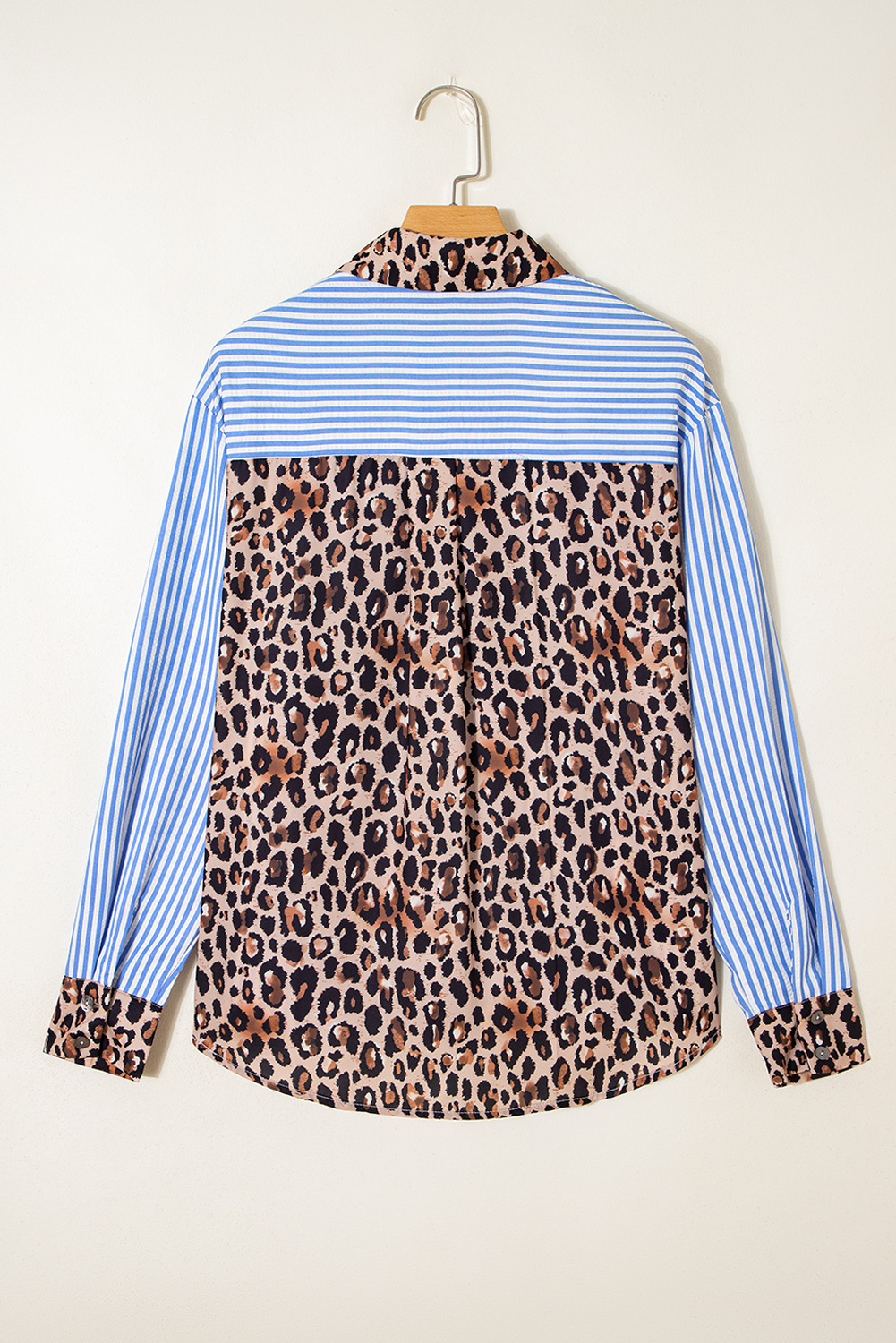 Sky Blue Striped Leopard Print Patchwork Button Up Womens Shirt - Image 3