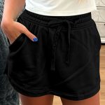 Black French Terry Drawstring Elastic Waistband Mini Skort with Pockets