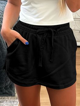 Black French Terry Drawstring Elastic Waistband Mini Skort with Pockets
