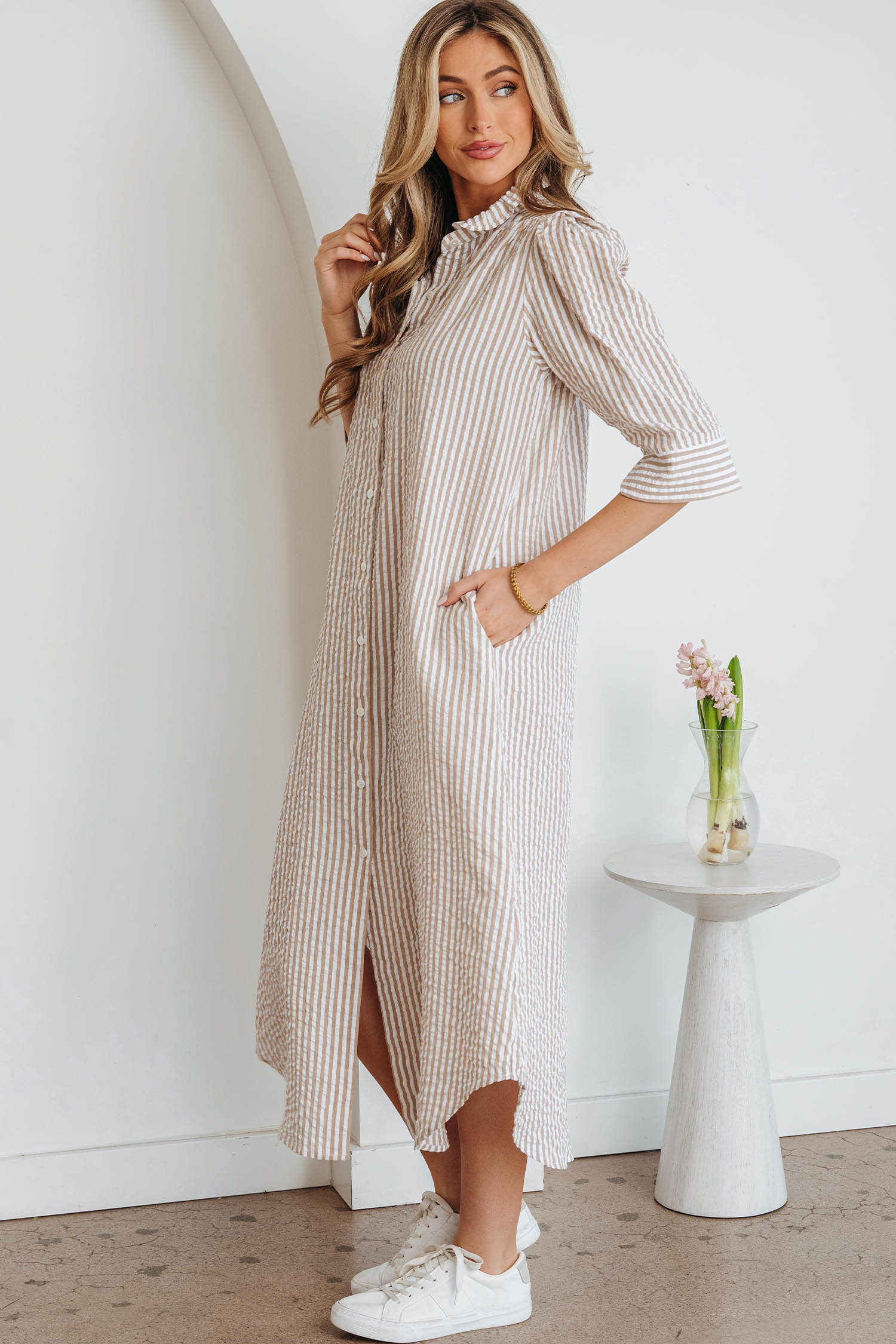 Khaki Stripe Frilled Collar Half Sleeve Shirt Maxi Dress - Image 3