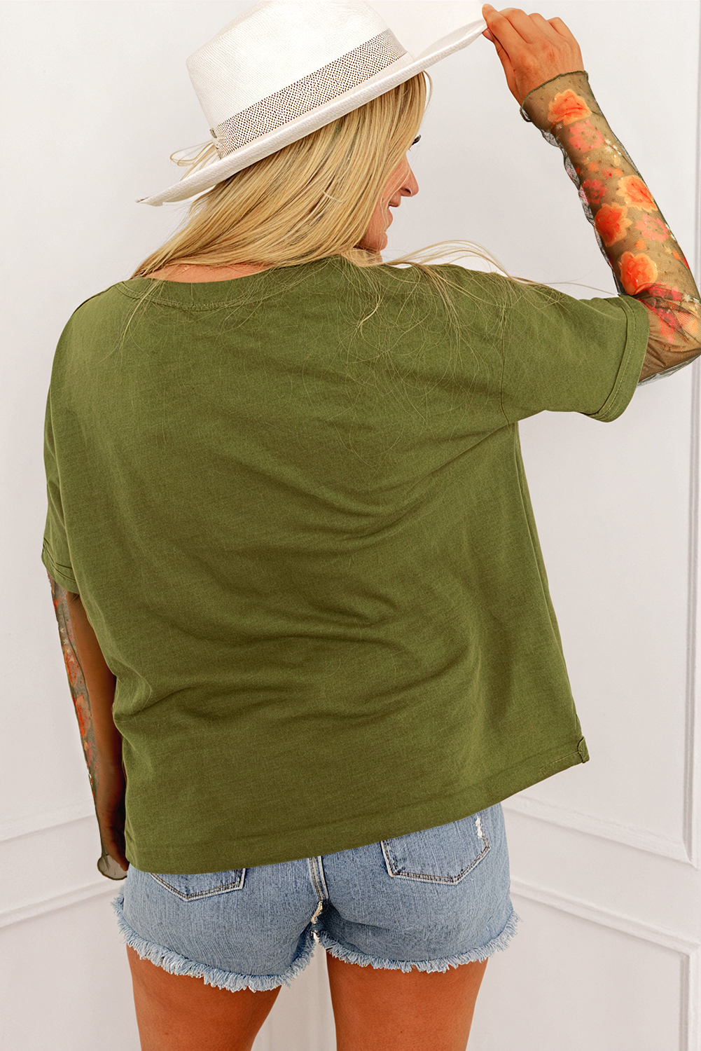 Fern Green Faux Two Piece Floral Long Sleeve Patchwork Tee - Image 2