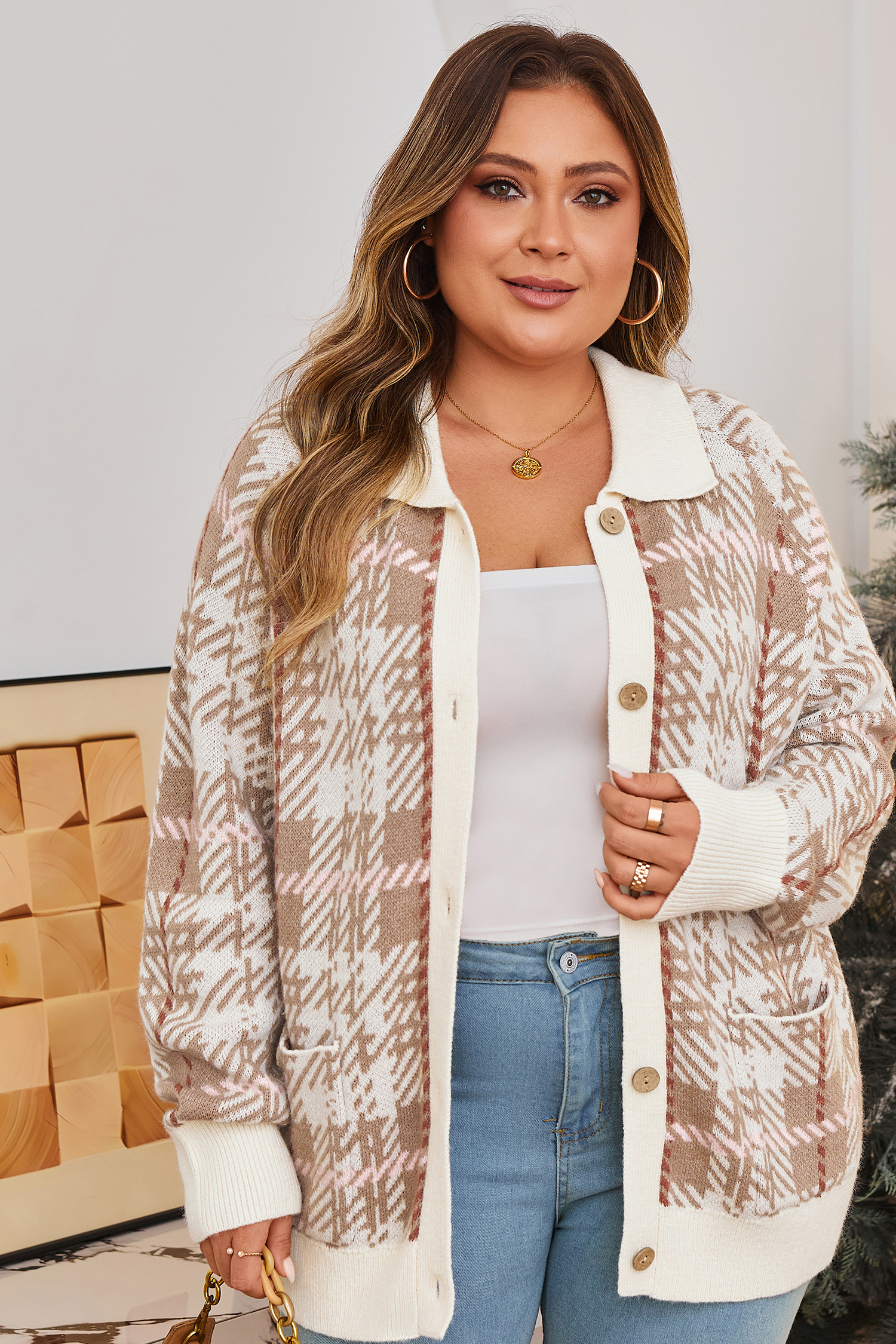 Khaki Vintage Pattern Ribbed Trim Button Front Plus Size Cardigan Sweater - Image 6